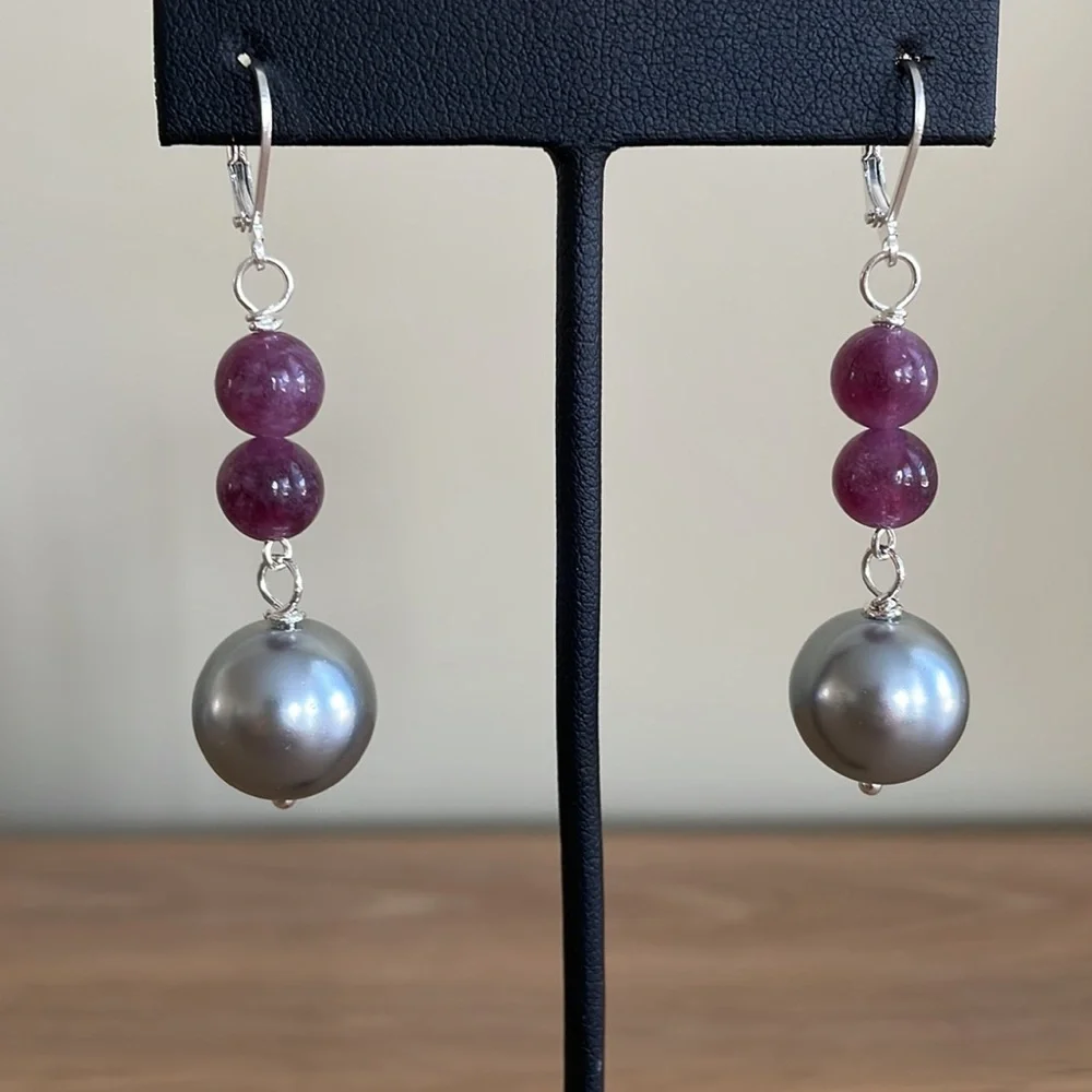 HAND CRAFTED BON BON EARRINGS Purple Lepodite Silver Glass Pearl Ball Drop